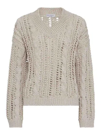 Brunello Cucinelli Cable And Mesh Sweater In Gray