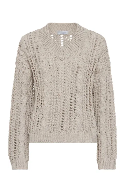 Brunello Cucinelli Cable & Mesh Sweater In Light Grey