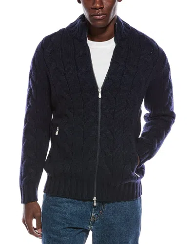 Brunello Cucinelli Cable Cashmere Mock Neck Cardigan In Blue