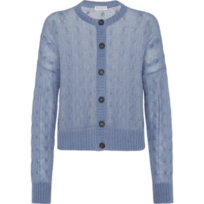 Brunello Cucinelli Cable Knit Cardigan In Avio Blue