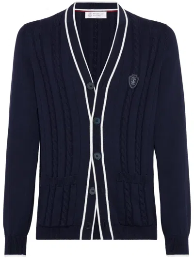 Brunello Cucinelli Cotton Knit Tennis Cardigan In Navy
