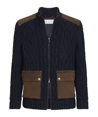 Brunello Cucinelli Cable Knit Cardigan In Cashmere Feather Yarn With Suede Inserts And Zipper In Multi