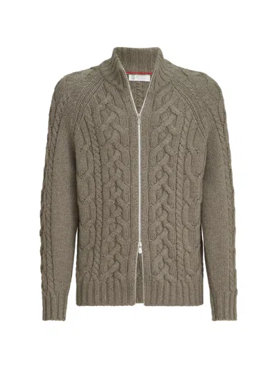 Brunello Cucinelli Cable Knit Cardigan In Cashmere Feather Yarn With Zipper In Brown