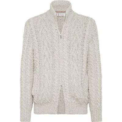 Brunello Cucinelli Cable-knit Wool And Cashmere-blend Zip-up Cardigan In Neutrals