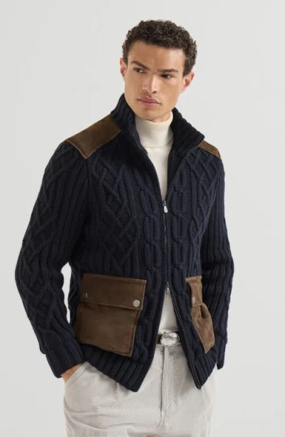 Brunello Cucinelli Cable Knit Cardigan In Navy Blue