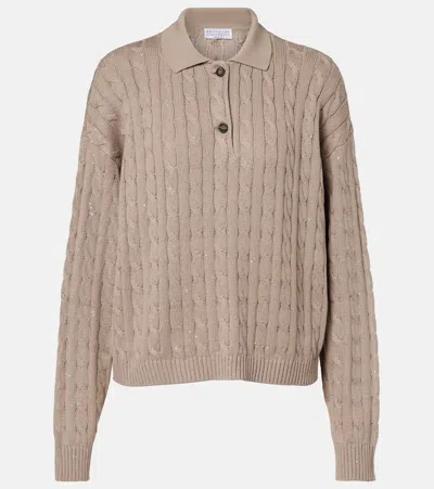 Brunello Cucinelli Cable-knit Cotton-blend Polo Sweater In Brown