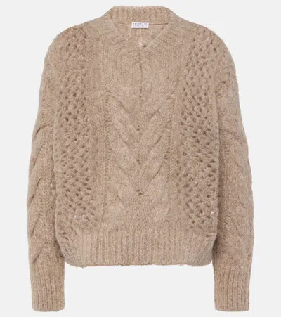 Brunello Cucinelli Cable-knit Cotton-blend Sweater In Beige
