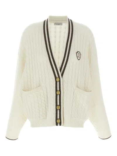 BRUNELLO CUCINELLI CABLE-KNIT LOGO-PATCH CARDIGAN