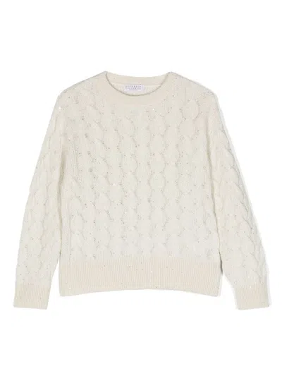 Brunello Cucinelli Kids' Cable-knit Long-sleeve Jumper In Weiss
