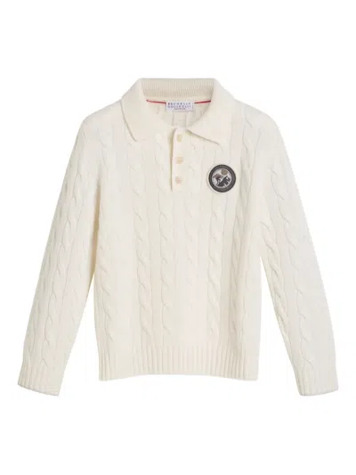 Brunello Cucinelli 粗绞花针织polo领毛衣 In White
