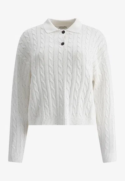Brunello Cucinelli Cable Knit Polo Sweater In White