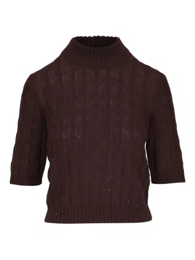 Brunello Cucinelli Cable-knit Sequin-detail T-shirt In Brown