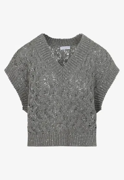 Brunello Cucinelli Cable Knit Sequined V-neck Top In Green