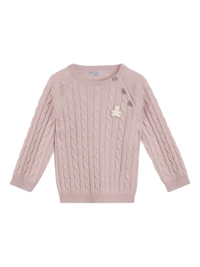 Brunello Cucinelli Babies' Cable-knit Teddy-applique Knitwear In Neutral