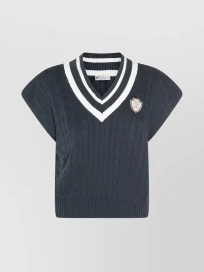 Brunello Cucinelli Cable Knit V-neck Contrast Trim In Multi