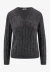Brunello Cucinelli Textured Ribbed V-neck Sweater With Sparkling Details In Gray
