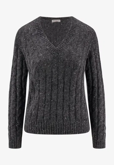 BRUNELLO CUCINELLI CABLE KNIT V-NECK SWEATER
