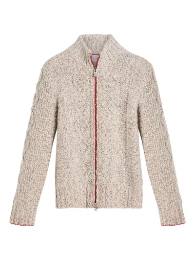 Brunello Cucinelli 粗绞花针织拉链开衫 In Neutral