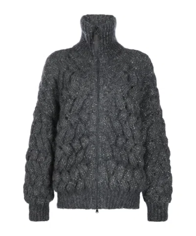 Brunello Cucinelli Cable Knit Zip-up Knitted Sweater In Gray