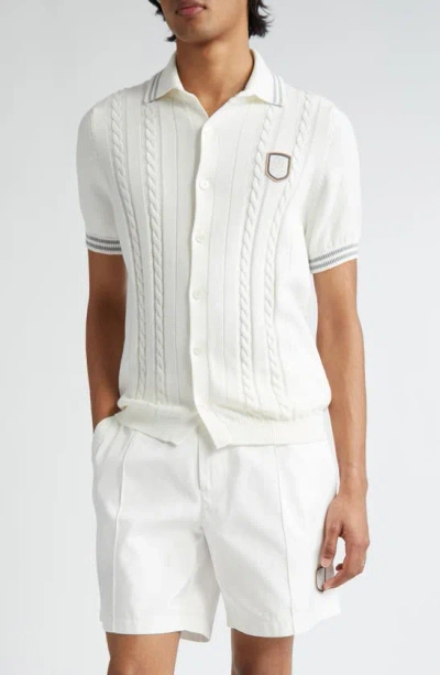 Brunello Cucinelli Cable Stitch Short Sleeve Cotton Button-up Sweater In Cbq12 Panama/grigio/bianco