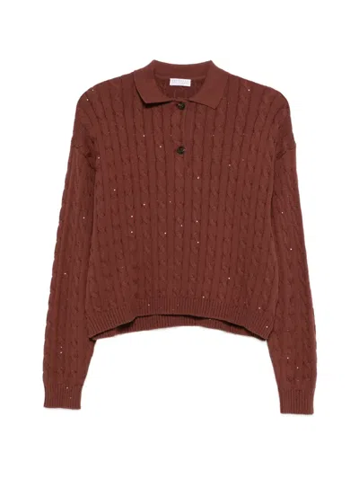 Brunello Cucinelli Cable-knit Embellished Polo Shirt In Brown