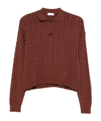 Brunello Cucinelli Paillette Cable Knit Long-sleeve Polo Sweater In Multi