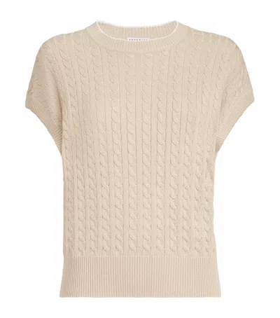 Brunello Cucinelli Cable-knit Sparkling Short-sleeve Sweater In Neutral