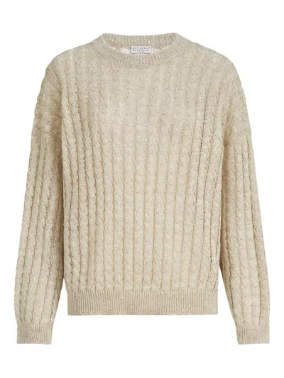 Brunello Cucinelli Cable-knit Crew Neck Jumper With Shimmering Yarn In Neutral