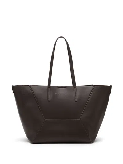 Brunello Cucinelli Calf Leather Shopper Bag In Dark Brown
