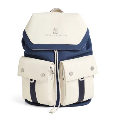 Brunello Cucinelli Kids' Calfskin And Rip-stop Nylon Backpack In Blue