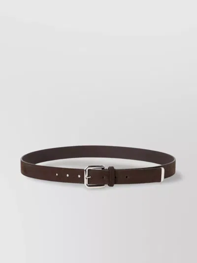 Brunello Cucinelli Calfskin Belt Adjustable Silver Buckle In Brown