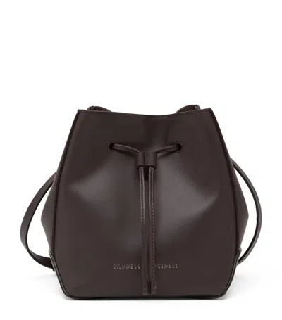 Brunello Cucinelli Calfskin Bucket Bag In Dark Brown