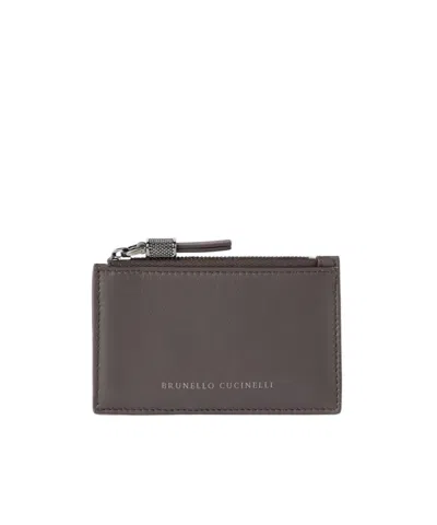 Brunello Cucinelli Calfskin Card Case With Shiny Zipper Pull In Brown