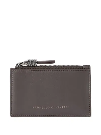 Brunello Cucinelli Calfskin Card Case With Shiny Zipper Pull In Gray