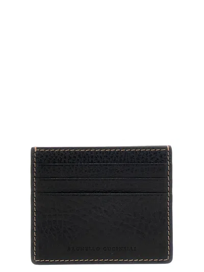 Brunello Cucinelli Calfskin Leather Cardholder With Textured Finish In Black