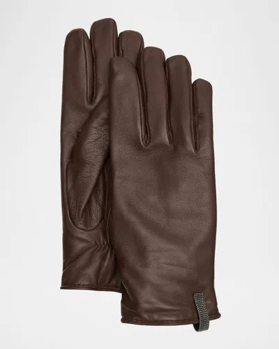 Brunello Cucinelli Calfskin Leather Gloves In C9106 Dark Brown