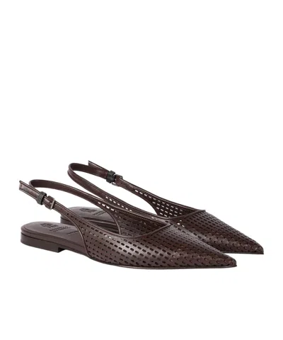 Brunello Cucinelli Calfskin Net Slingback Flats With Monili Ballet In Brown