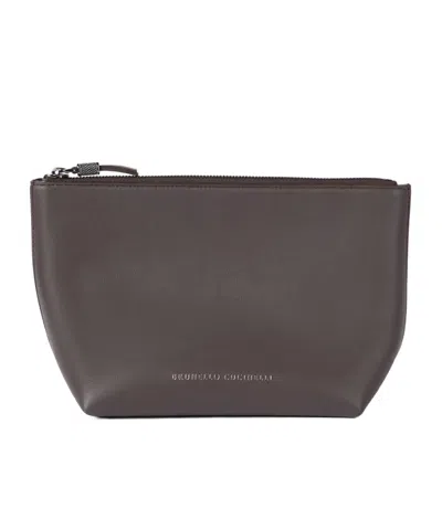 Brunello Cucinelli Calfskin Pouch With Shiny Zipper Pull In Brown