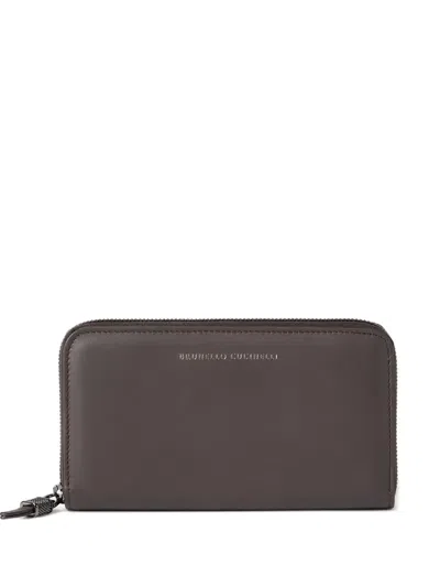 Brunello Cucinelli Calfskin Wallet With Shiny Zipper Pull In Brown