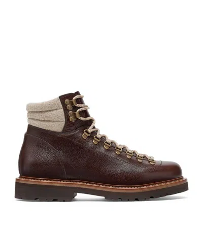 Brunello Cucinelli Calfskin Wool-trim Mountain Boots In Brown