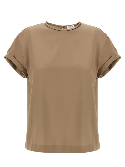 BRUNELLO CUCINELLI CAMEL BROWN MONILE SILK BLOUSE
