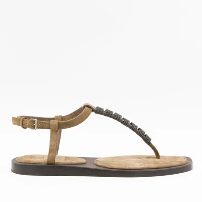 Brunello Cucinelli Camel Leather Sandals In Multi