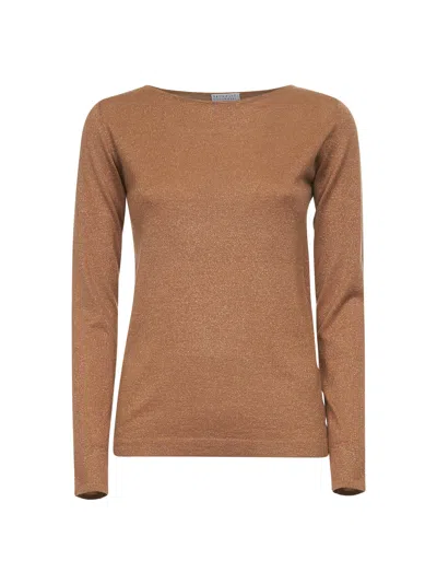 Brunello Cucinelli Camel Sparkling Cashmere And Silk Lightweight Sweater In Brown