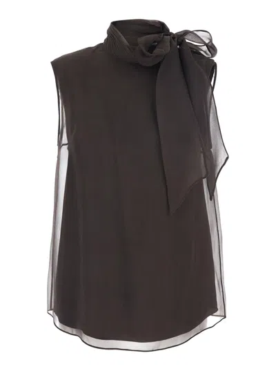 BRUNELLO CUCINELLI BROWN SLEEVELESS SHIRT WITH KNOT DETAIL IN FABRIC WOMAN