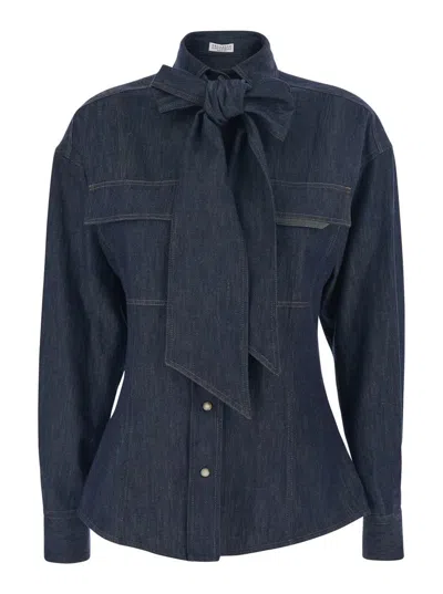 BRUNELLO CUCINELLI BLUE SHIRT WITH BOW DETAIL AND BUTTON CLOSURE IN DENIM WOMAN