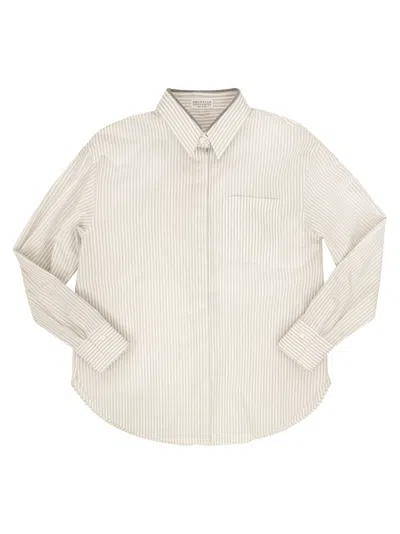 Brunello Cucinelli Kids' Camicia M/l Bianco/grigio In White/gold