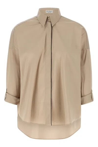 Brunello Cucinelli Shirt Collar Shiny Trim High Low Hem In Neutral