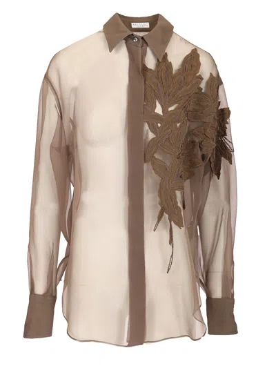 BRUNELLO CUCINELLI CAMICIA TRASPARENTE CON RICAMO SHIRTS BROWN
