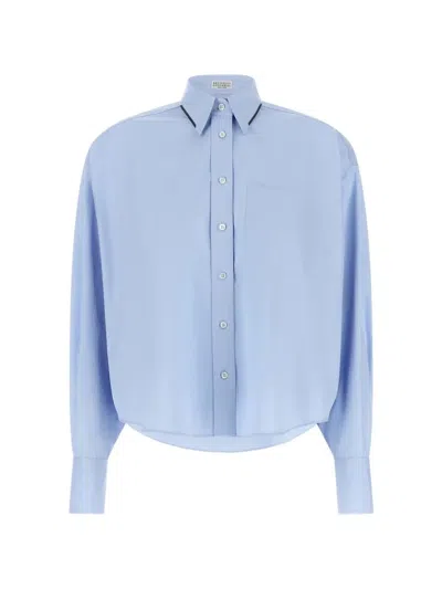 Brunello Cucinelli Cotton With Monile Trim Collar Blouse In Blue