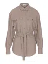 Brunello Cucinelli Check Shirt With Belted Waist And Pockets In Brown